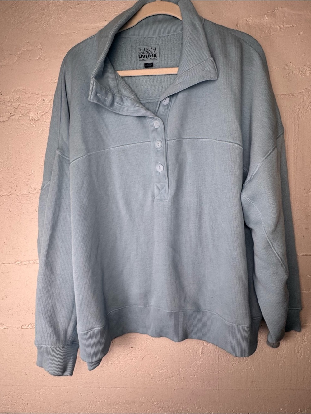 American Eagle Outfitters Light Blue Henley Pullover Sweatshirt Lived in Large